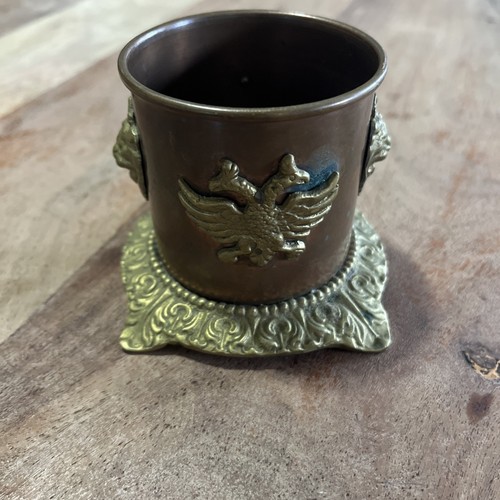 Vintage Small Planter W/ brass Lion & Bird Copper/Brass Toned 2.75” T 3.25” D - Picture 2 of 9