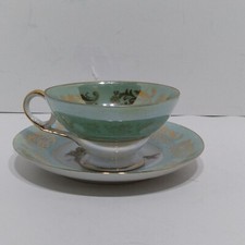 Royal Sealy China Pink Rose Teal Border Cup Saucer Gold Trim Japan Vtg Bubbles