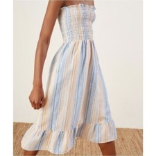 REFORMATION Marbella Stripe BERMUDA Strapless Smocked Ruffle Linen Dress XL = 12