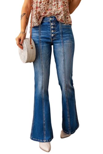 Basic Classic Bell Bottom Flared Button Fly Denim Mid Rise Blue Jeans size 14 - Picture 2 of 12