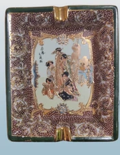 Porcelain Ashtray Satsuma China Porcelain 1970 Hand Painted Asian Ladies Design