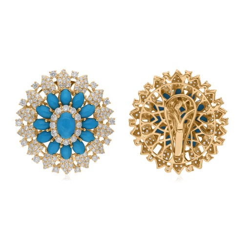 8.54 Tcw Natural SI/H Diamond Arizona Turquoise Stud Earrings 18k Yellow Gold - Picture 3 of 11