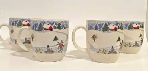 Set of 4 Folkcraft Stoneware Winter Side Coffee Cups Mugs Holiday Snow Christmas