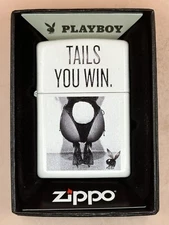 Playboy “Tails You Win” Bunny Logo White Matte Zippo Lighter NEW In Box Rare