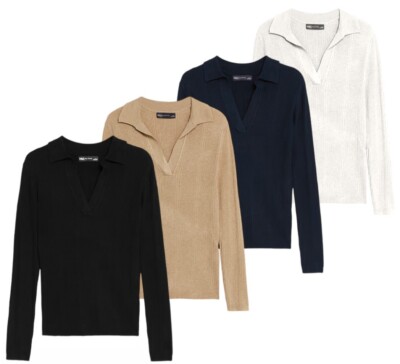 EX M&S Damen geripptes Oberteil Pullover Strick Langarm Bluse