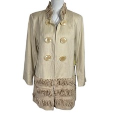 Multiples Long Open Front Jacket Size M Ruffle Trim Linen Rayon Buttons Beige
