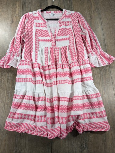 Crown Ivy Dress Womens Large Pink White Print 3/4 Flounce Sleeve BOHO Peasant - Picture 2 of 11