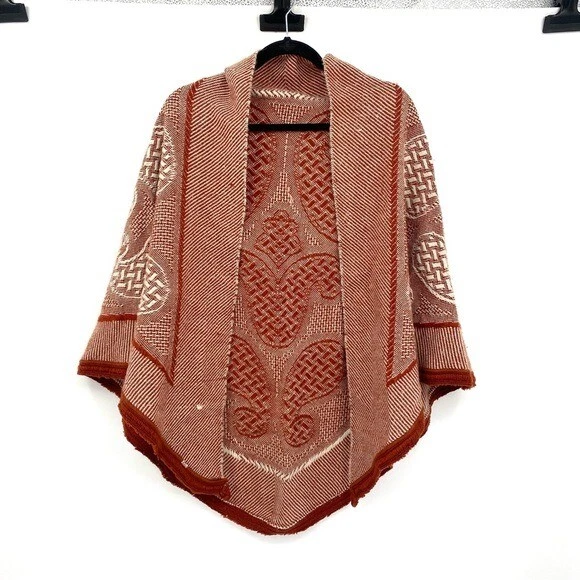 Vintage 70s Poncho Women’s One Size Orange Cream Fringe Hippie Boho Blanket