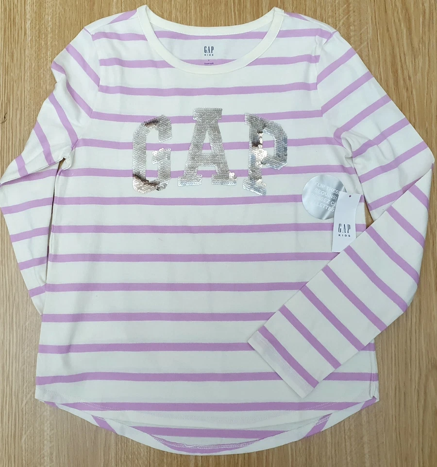GAP Girls White Lilac Stripe Sequin Gap Logo Long Sleeve T Shirt MRRP £16.99 - Image 3 of 4