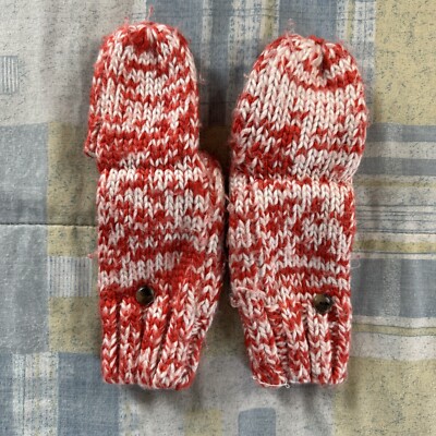 Gap Red & White Fingerless Gloves w/Button Warm Knit Flip Winter Gloves