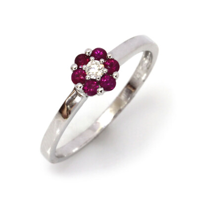 Massiver Cluster-Blumenring 0,35 ctw natürlicher roter Rubin & Diamant 14 kt Weißgold