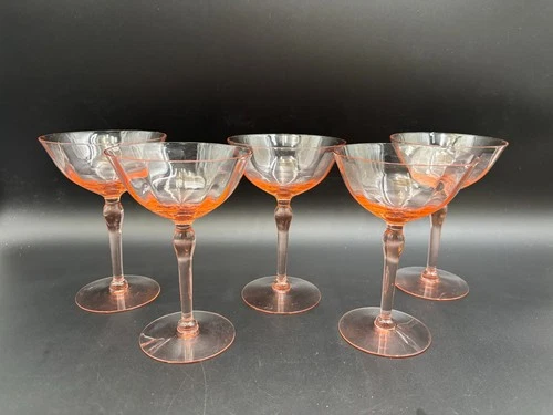 Set of 5 ~ Paneled Optic Pink Depression Champagne/Sherbet Stem Glasses ~ 6" Tal