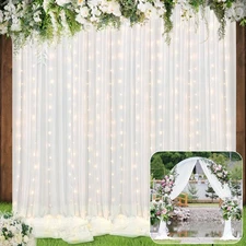 Best BBTO 2 Panels White Tulle Backdrop Curtain with Lights String for Parties