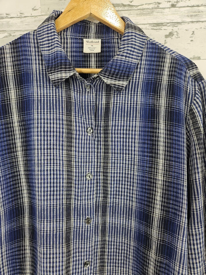 Camisa Westbound 100 % lino azul a cuadros manga 3/4 para mujer grande Foto 3 de 4