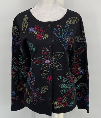 ANN TRINITY Cardigan Sweater Women Medium Black Embroidered Beaded Floral Artsy
