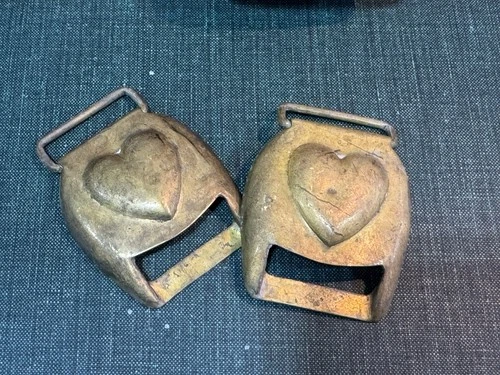 Pair Of  Antique Civil War Brass Cavalry Horse Harness Heart Belt Buckle Loop