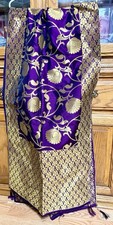 D PURPLE GOLDEN India BANARSI Art Silk Dupatta Wrap Scarf Stole Chunri shawl NEW