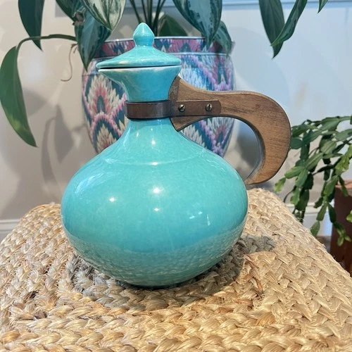 Vintage Red Wing Pottery Turquoise Pitcher Carafe Wood Handle Mid-Century USA