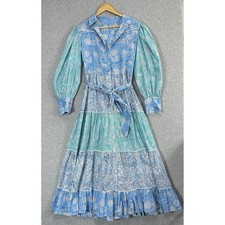 Aqua Blue Maxi Dress Block Print Floral Long Puff Sleeve Belted Preppy Size S /M