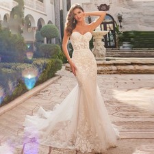 Elegant Mermaid Wedding Dress Off Shoulder Lace Applique Court Train Bridal Gown