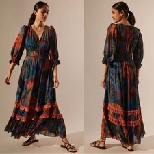Farm Rio x Anthropologie Puff Sleeve Maxi Dress Size XS Tropical Colorful Multi