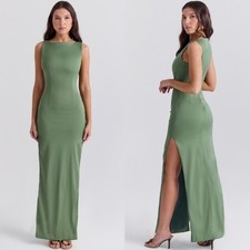 HOUSE OF CB Filomean Boat Neck Maxi Dress High Slits Green Sz XS {KK12}