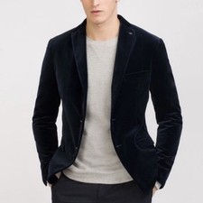 Zara Man 36  Denim Couture Velvet Blazer Black Sport Coat Casual Jacket Slim Fit