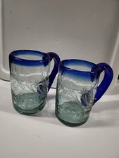 2 Hand Blown Glass Cobalt Blue Rim & Handle Beer Steins Mug Large Mexico