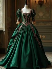 Green Stain Evening Dress Gold Lace Victorian Corset Medieval Party Prom Gowns