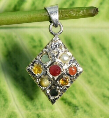 925 Silver Navagraha Pendant Kite Shape Natural 9 Planet Gemstones Unisex