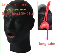 3D Latex Hood Mask Closed Eye Fetish Hood with Red Mouth Sheath Tongue Nose Tube