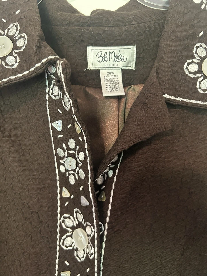Blazer largo marrón bob mackie usable arte talla grande 26W chaqueta bordada con cuentas Foto 4 de 4