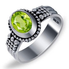 Sterling Silver Peridot Ring Oval Green Gemstone Solitaire August Birthstone Jew