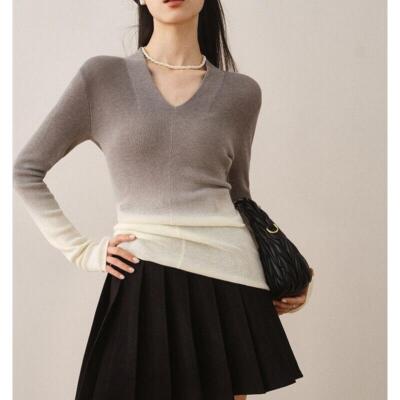 Womens V-neck Gradient Color Knitted Sweater Spring Autumn Slim Fit Pullover Sz