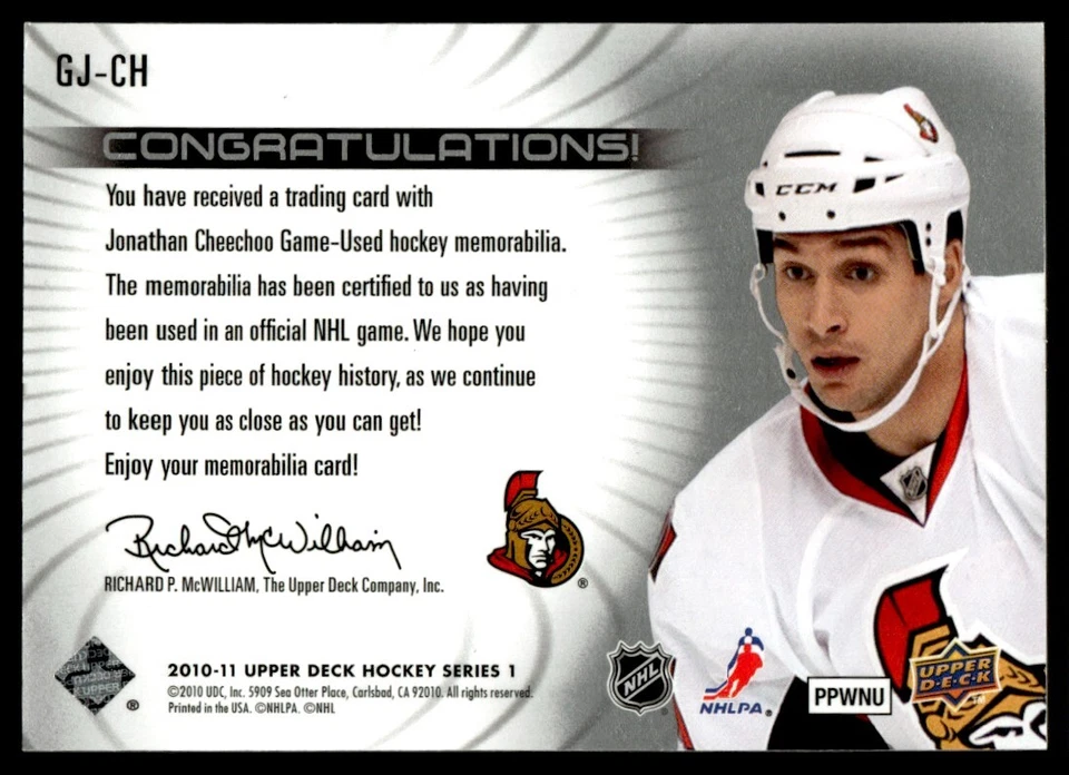 2010-11 Upper Deck Game Jersey Jonathan Cheechoo Ottawa Senators #GJ-CH - Image 2 of 2