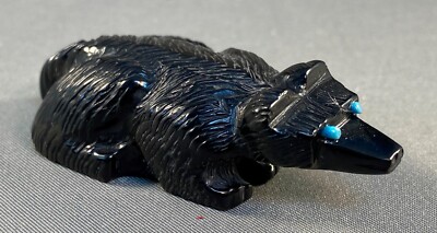 Zuni Detailed Carved Jet Badger Fetish with Turquoise Eyes by Mike Tucson NEW