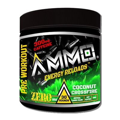 AMMO  Energy Reloads Pre Workout powder Coconut 300mg Caffeine Zero Sugar 30serv