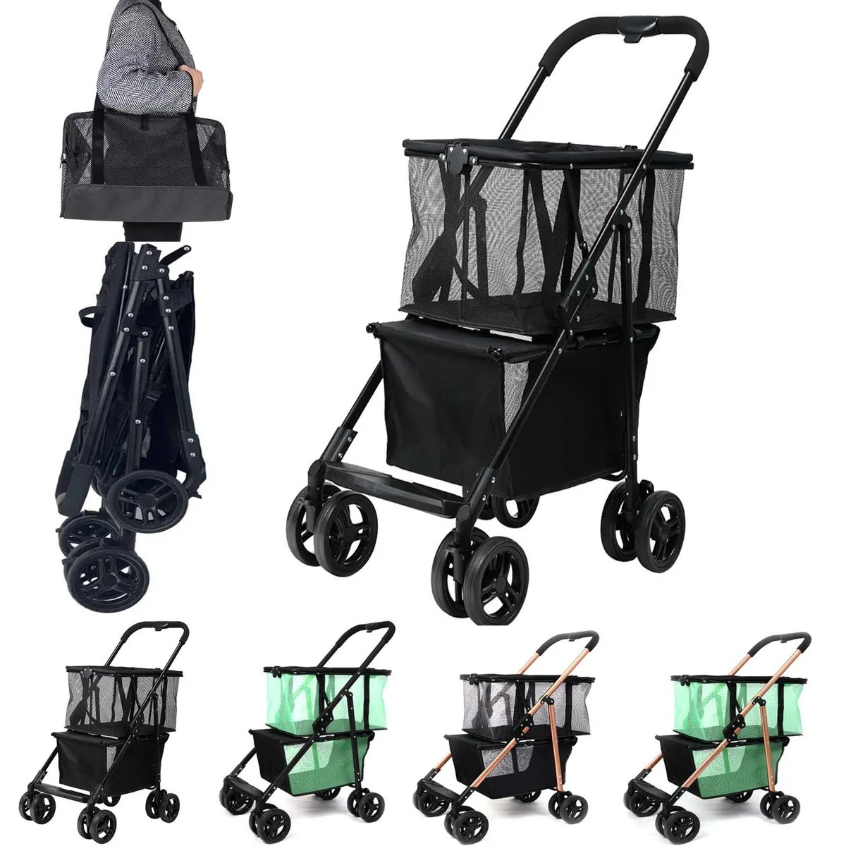 2 in 1 Heavy Duty Folding Shopping Cart Wheels Pet Stroller with Removable  Tote