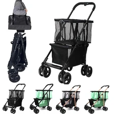 2 in 1 Heavy Duty Folding Shopping Cart Wheels Pet Stroller with Removable Tote