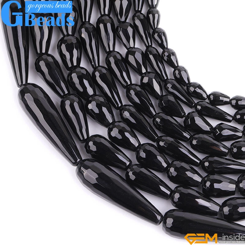 Natural Black Onyx Agate Faceted Teardrop Loose Beads For Jewelry Making 15"