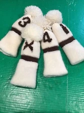 VTG Set of 4 Golf Club Head Covers Knitted Pom Pom 1,3,4, X White / Brown