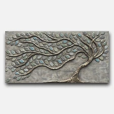 Medium Original Wall Art on Canvas Acrylic Painting of Blowing Tree, 30x15 Inch