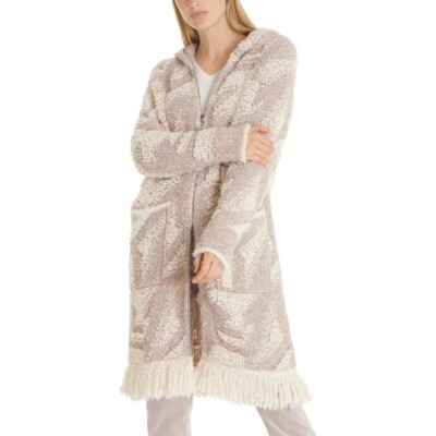 $870 NWOT Marc Cain Long Cardigan Hooded Knit Fringe Zip Up Wool Alpaca N3 8