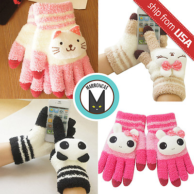 Winter Magic Touch Screen Gloves Smart Phone Cartoon Rabbit Cat Plush Mittens 