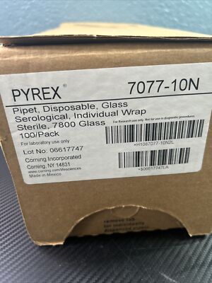 Box of 100 Corning Pyrex 7077-10N Pipets Serological 10 ml x 0.1 Glass Pipettes