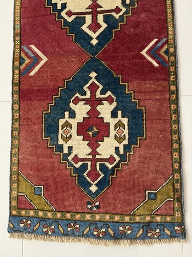 2x9 ft Vintage Oushak Runner Rug, Turkish Hand Knotted Wool Rug in Red Blue Tone - Picture 7 of 10
