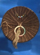 Vintage Chinese Wicker Round Sewing Basket Glass Ring Beads Coins Tassels  TB26
