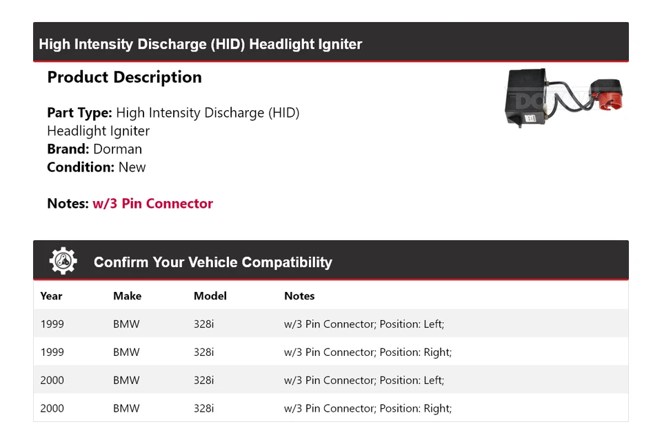 Encendedor de faros de descarga de alta intensidad (HID) BMW 328i Dorman 1999-2000 Foto 2 de 4