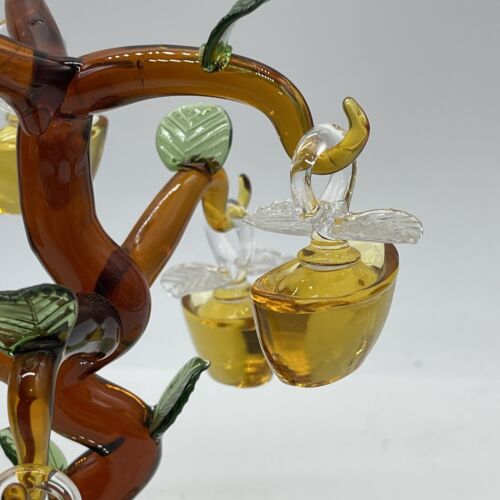 Pier One Amber Glass Tree Miniature Gold Apples Green Leaves Mirrored Base - Picture 9 of 11