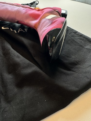 Chanel Black Patent Leather Pink Knee Tall Flat Boots Shoes Size 7 - Picture 8 of 17
